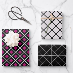 Chic and Trendy Magenta, Black and White Chequered Wrapping Paper Sheet