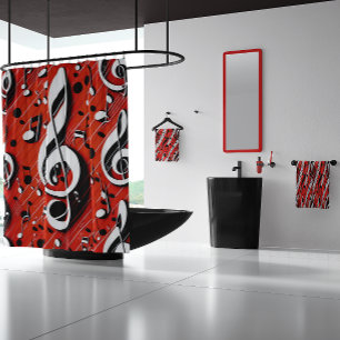 Chic and Trendy Red White and Black Clef Notes  Shower Curtain