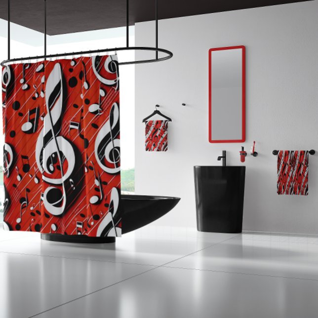 Chic and Trendy Red White and Black Clef Notes  Shower Curtain (Creator Uploaded)