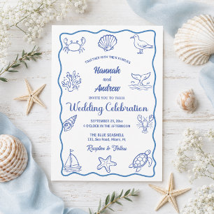 Chic and Whimsical Hand Drawn Sea Life Wedding Invitation