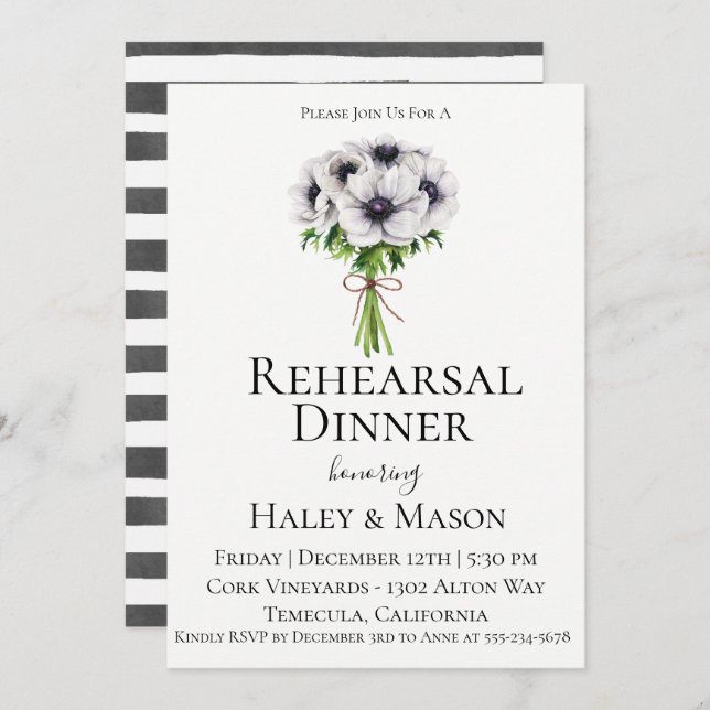 Chic Anemone Bouquet Rehearsal Dinner Invitation (Front/Back)