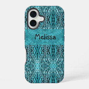 Chic animal print in blue - feathers and glitter iPhone 16 case