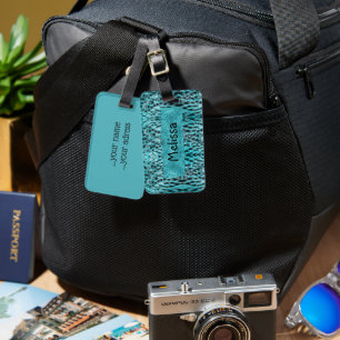 Chic animal print in blue - feathers and glitter, luggage tag