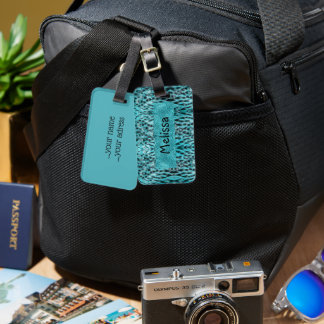 Chic animal print in blue - feathers and glitter, luggage tag