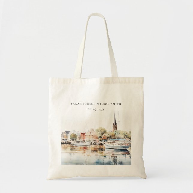 Chic Annapolis Maryland Watercolor Wedding Tote Bag (Front)