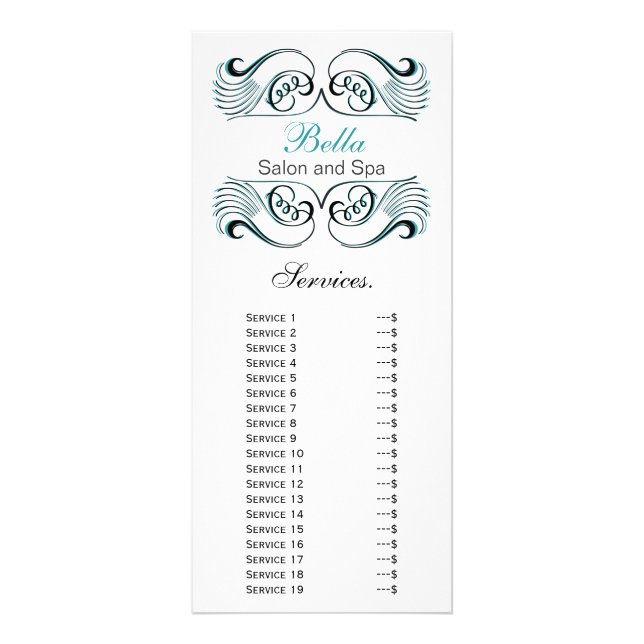 chic aqua , black and white Services rack card (Front)