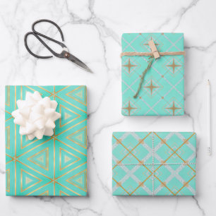 Chic Aqua Blue and Gold Geometric  Wrapping Paper Sheet