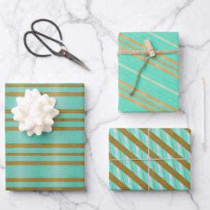 Chic Aqua Blue and Gold Striped Wrapping Paper Sheet
