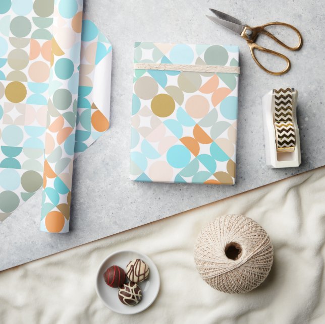 Chic Aqua Blue Coral Orange Circles Art Pattern Wrapping Paper (Crafts)