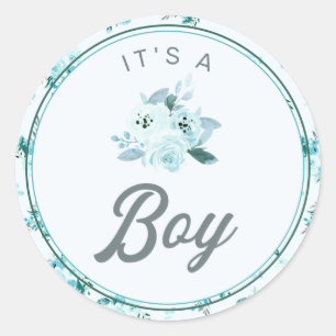 Chic Aqua & Blue Floral New Baby It's a Boy Favour Classic Round Sticker