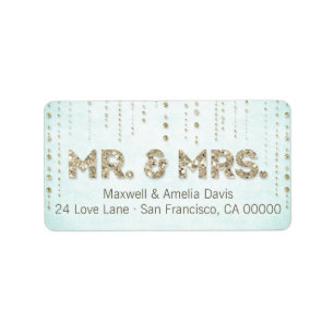 Chic Aqua Blue & Gold Glitter Mr. & Mrs. Label