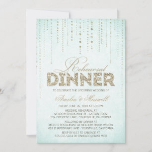 Chic Aqua Blue & Gold Glitter Rehearsal Dinner Invitation
