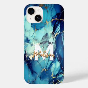 chic aqua blue marble faux gold glitter monogram Case-Mate iPhone 14 case