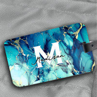 chic aqua blue marble faux gold glitter monogram