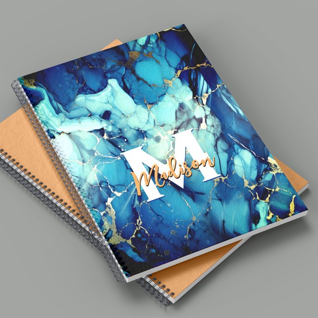 chic aqua blue marble faux gold glitter monogram notebook (Creator Uploaded)