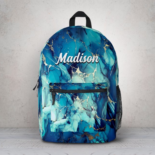 chic aqua blue marble faux gold glitter monogram  printed backpack (Creator Uploaded)