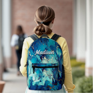 chic aqua blue marble faux gold glitter monogram  printed backpack