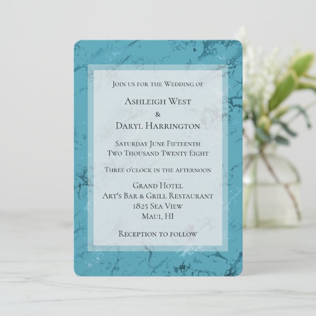 Chic Aqua Blue Marble Wedding Invitation (Standing Front)