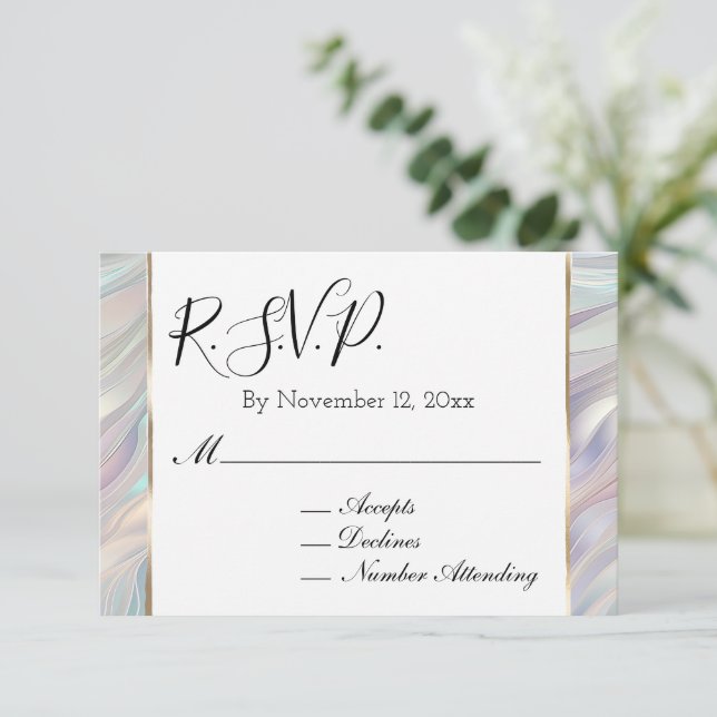 Chic Aqua Blue Purple Pearl White Wedding RSVP Enclosure Card (Standing Front)