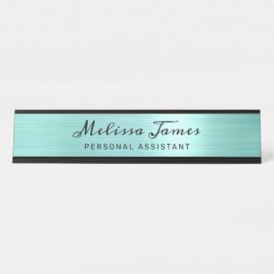 Chic Aqua Brushed Metal Black Script Desk Name Plate