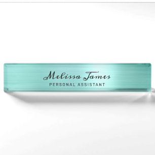 Chic Aqua Brushed Metal Modern Black Script Desk Nameplate
