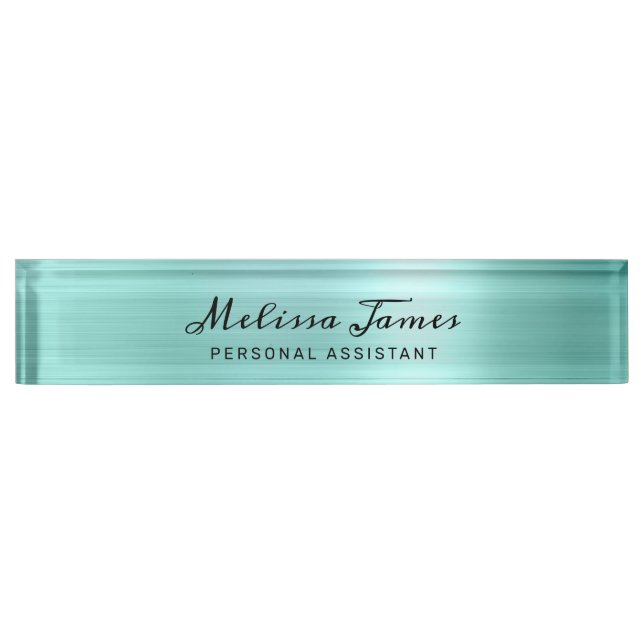 Chic Aqua Brushed Metal Modern Black Script Desk Nameplate (Front)