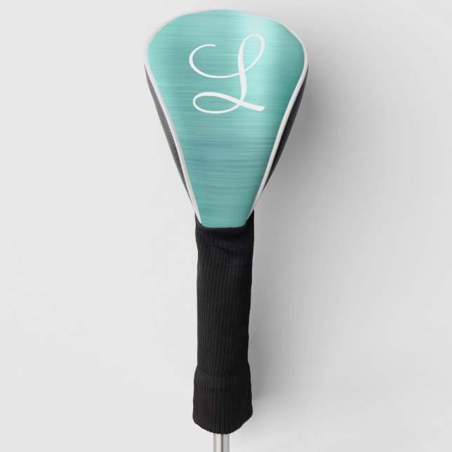 Chic Aqua Brushed Metal White Monogram Golf Head Cover (Front)