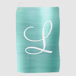 Chic Aqua Brushed Metal White Monogram Golf Towel