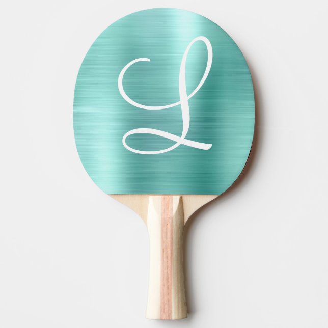 Chic Aqua Brushed Metal White Monogram Ping Pong Paddle (Front)