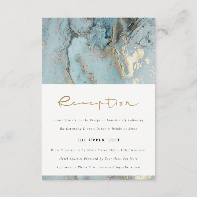 CHIC AQUA DUSKY BLUE GOLD AGATE WEDDING RECEPTION ENCLOSURE CARD (Front)