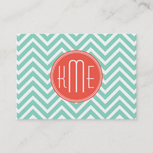 Chic Aqua Green Chevron and Orange Custom Monogram Business Card