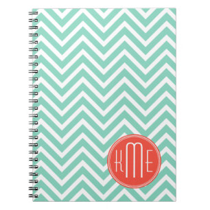 Chic Aqua Green Chevron and Orange Custom Monogram Notebook