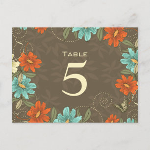 Chic aqua orange cream floral wedding table number postcard