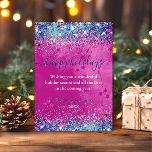 Chic aqua pink glitter Christmas new year greeting Card