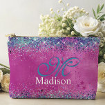 Chic aqua pink iridescent glitter monogram accessory pouch<br><div class="desc">Chic aqua pink iridescent glitter monogram Personalised Accessory Pouch. To make it extra special, it is also monogrammed and personalised with name or initials or any text you like, click the "customise further" link and use the design tool to modify the design if you like. Beautiful, modern and cool ....</div>