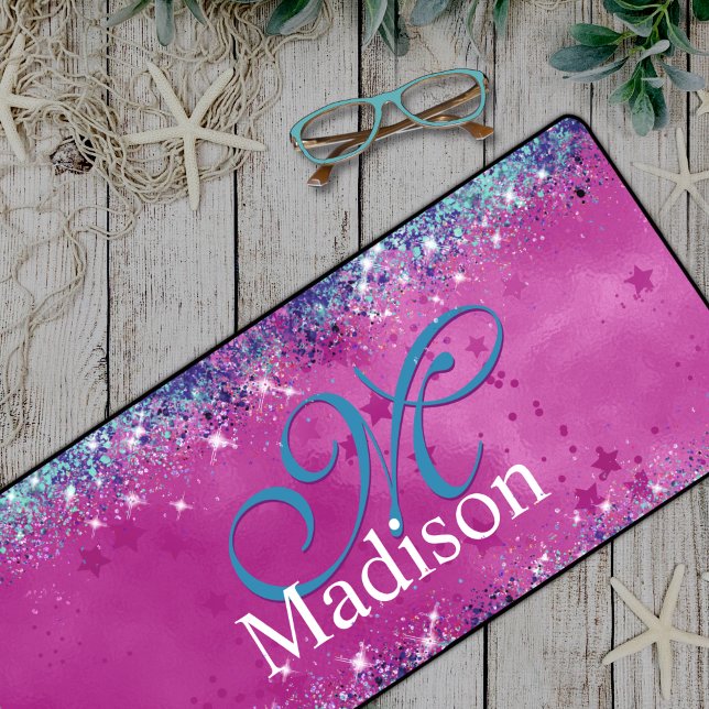 Chic aqua pink iridescent glitter monogram desk mat (Creator Uploaded)
