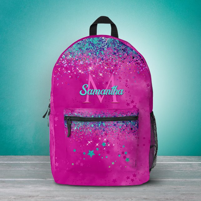 Chic aqua pink iridescent glitter monogram printed backpack (Creator Uploaded)
