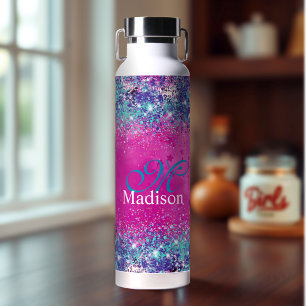 Chic aqua pink iridescent glitter monogram water bottle