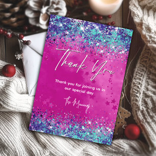 Chic aqua pink iridescent glitter thank you  card