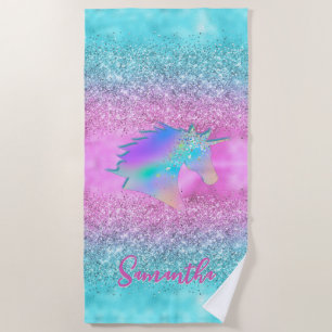 Chic Aqua Pink Unicorn Glitter glam monogram Beach Towel