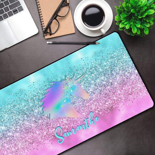 Chic Aqua Pink Unicorn Glitter glam monogram Desk Mat (Creator Uploaded)