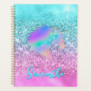 Chic Aqua Pink Unicorn Glitter glam monogram Planner