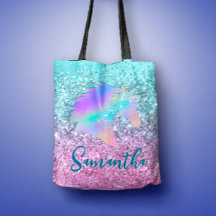 Chic Aqua Pink Unicorn Glitter glam monogram Tote Bag