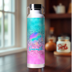 Chic Aqua Pink Unicorn Glitter glam monogram Water Bottle