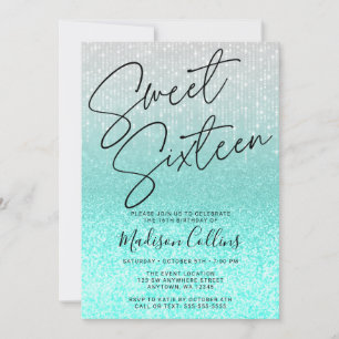 Chic Aqua Silver Glitter Sweet 16 Invitation