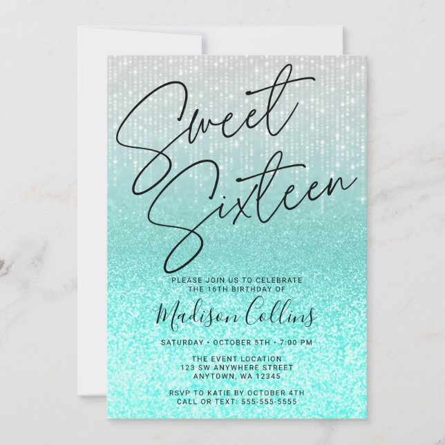 Chic Aqua Silver Glitter Sweet 16 Invitation (Front)