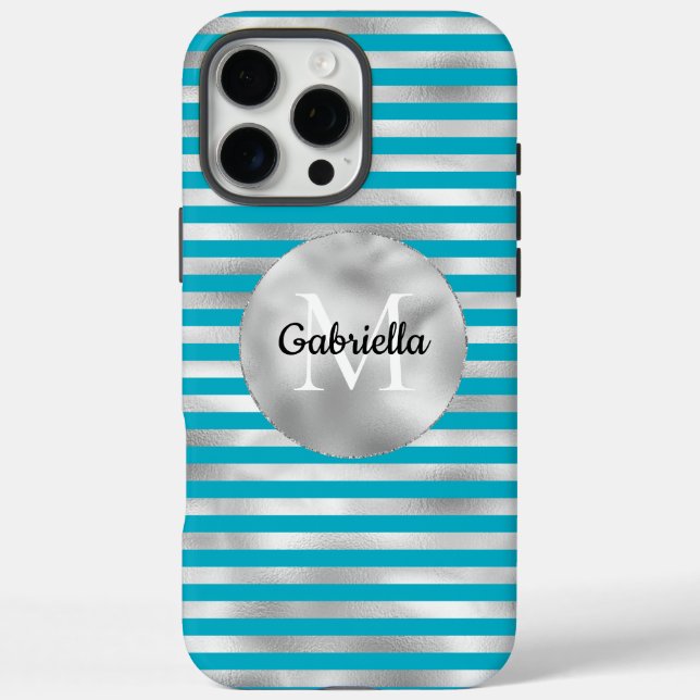 Chic Aqua Silver Stripes Monogram Case-Mate iPhone Case (Back)