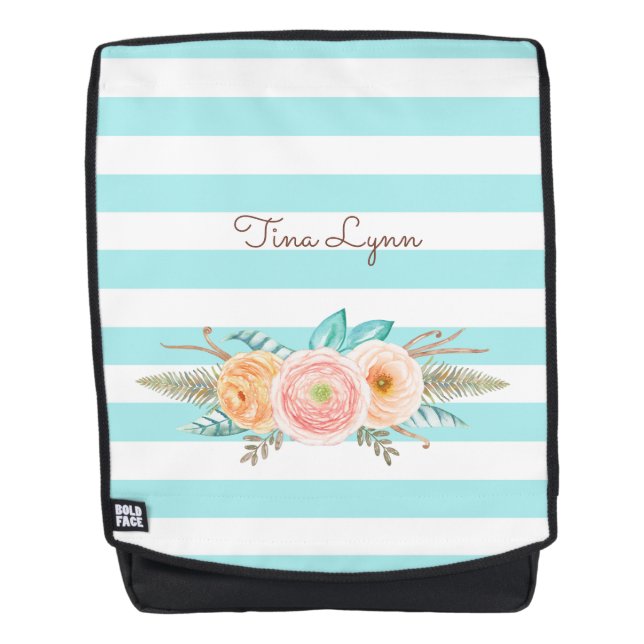 Chic Aqua Stripes Feminine Floral and Name Backpack (Front)