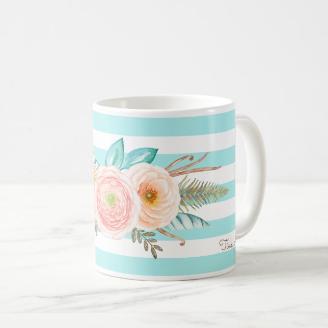 Chic Aqua Stripes Feminine Floral and Name Coffee Mug (Front Right)