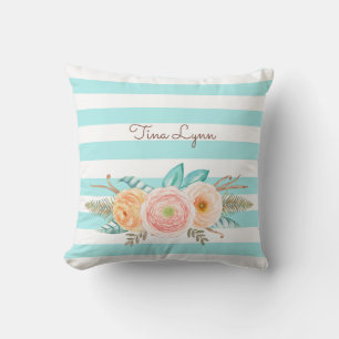 Chic Aqua Stripes Feminine Floral and Name Cushion